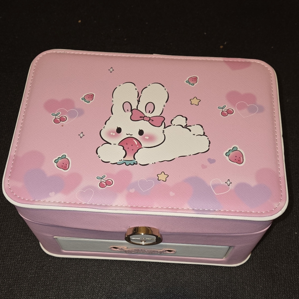 Pink Girls Jewelry Box With Cartoon Easter Bunny Strawberries